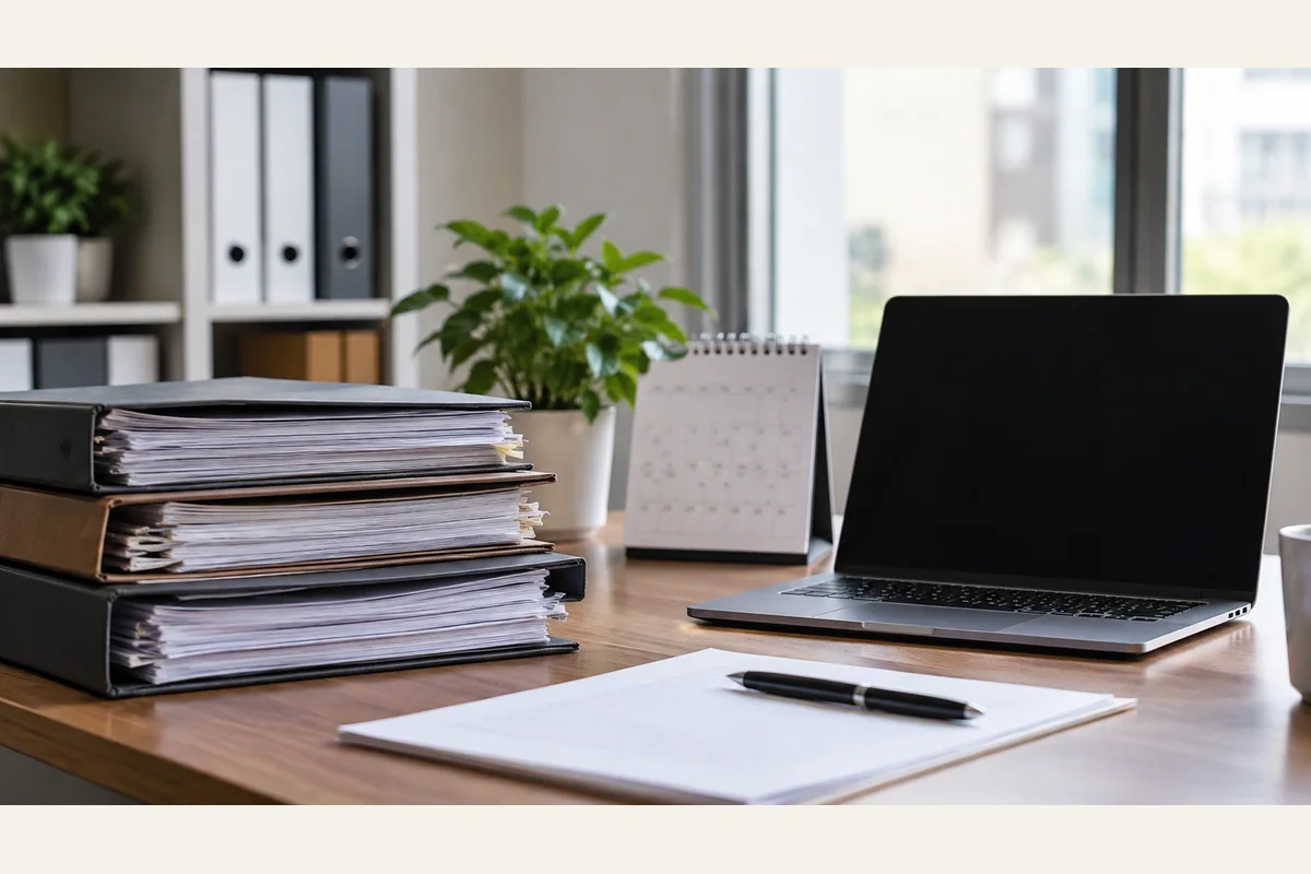 Archivio di contratti aziendali con calendario neutro e laptop spento