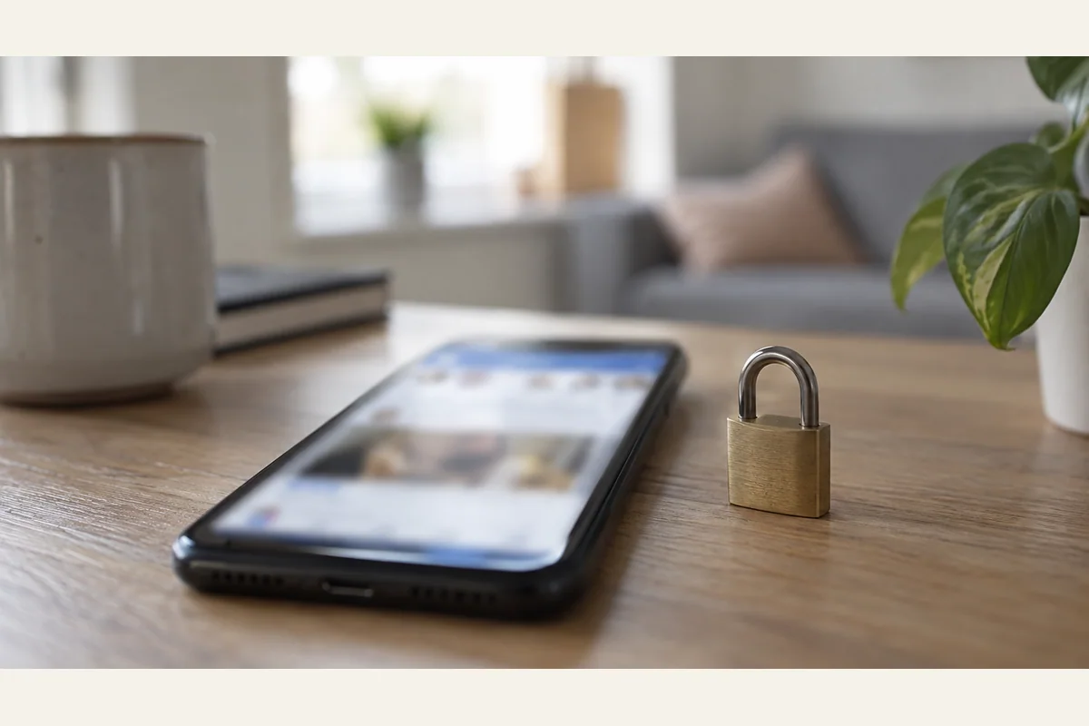 Telefono con interfaccia social completamente sfocata e piccolo lucchetto reale accanto, sfondo domestico neutro